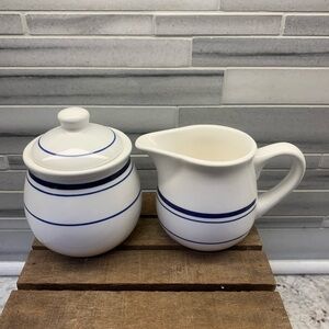 Home Essentials White with Navy Stripes Cream and Sugar Bowls